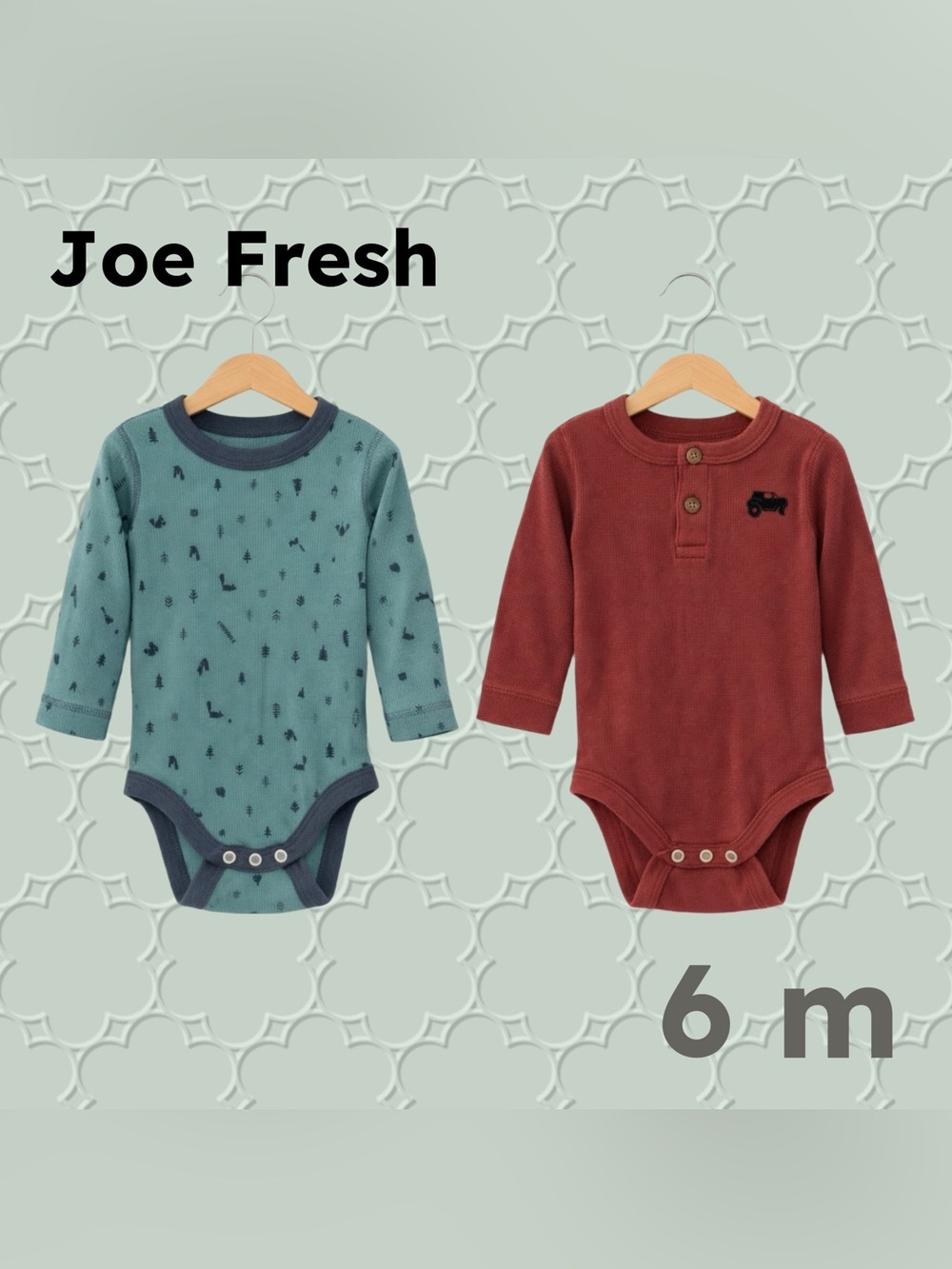 🇨🇦👍GUC JOE FRESH | 6 m | 2X Unisex Red & teal Waffle long sleeve baby onesies